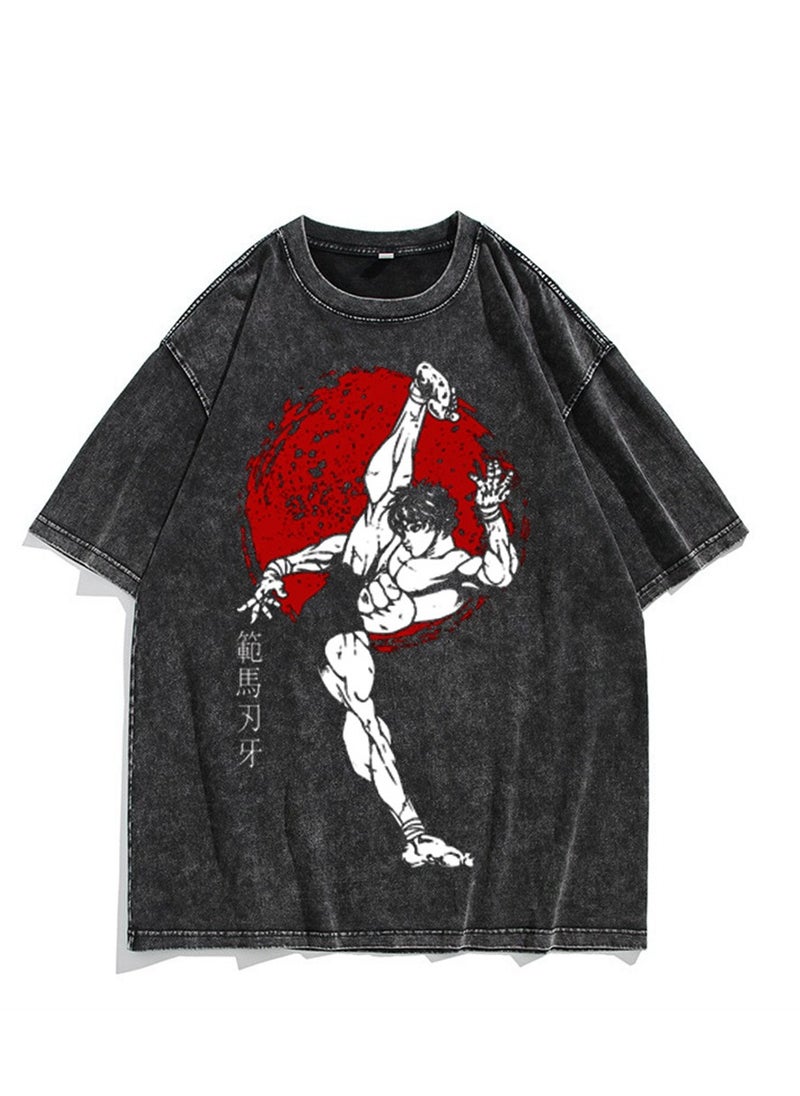 Generic - Washed retro T-shirt street hip hop anime Baki Hanma casual cotton summer short sleeves - Image 1