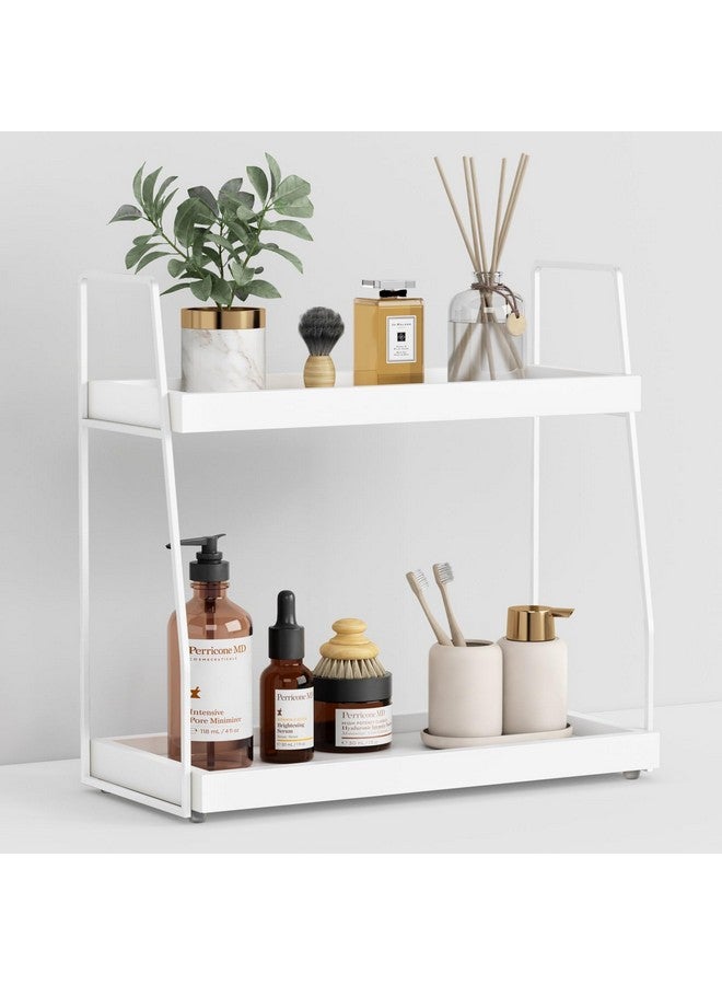 Forbena White 2 Tier Bathroom Organizer Countertop, Small Counter Top Organizer for Bathroom Decor, Modern Kitchen Counter Shelf for Snack, Vanity Makeup Organizers and Storage Tray for Bedroom - Image 1