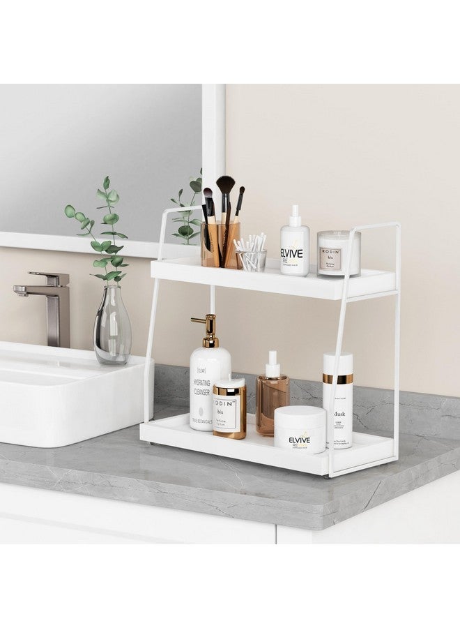 Forbena White 2 Tier Bathroom Organizer Countertop, Small Counter Top Organizer for Bathroom Decor, Modern Kitchen Counter Shelf for Snack, Vanity Makeup Organizers and Storage Tray for Bedroom - Image 2