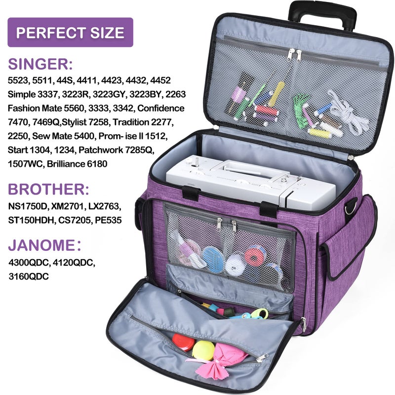 CAB55 Rolling Sewing Machine Case, Detachable Rolling Sewing Machine Carrying Case on Wheels, Trolley Tote Bag with Removable Bottom Wooden Board for Most Standard Sewing Machine -Purple - Image 2