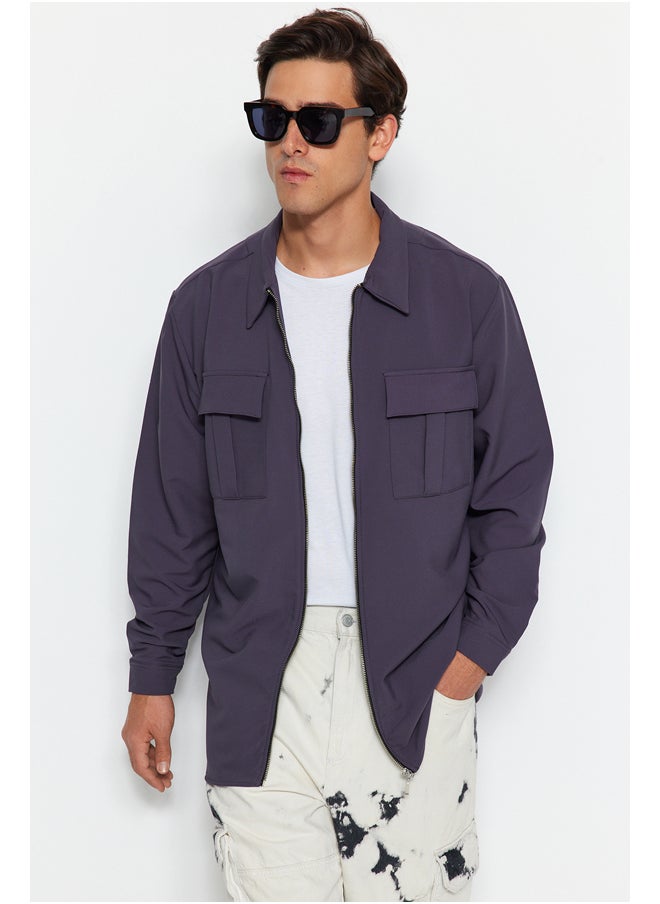 trendyol Anthracite Regular Fit Double Pocket Zippered Technical Fabric Parachute Loose Shirt TMNAW24GO00077  - Image 4