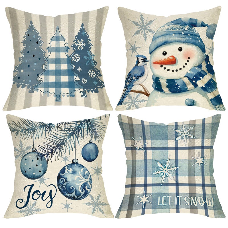 Fjfz Blue Christmas Decorative Throw Pillow Covers 18 x 18 Set of 4, Xmas Tree Snowman Joy Balls Blue Jay Outdoor Home Decor, Let It Snow Winter Holiday Buffalo Plaid Stripes Sofa Couch Cushion Case - Image 1