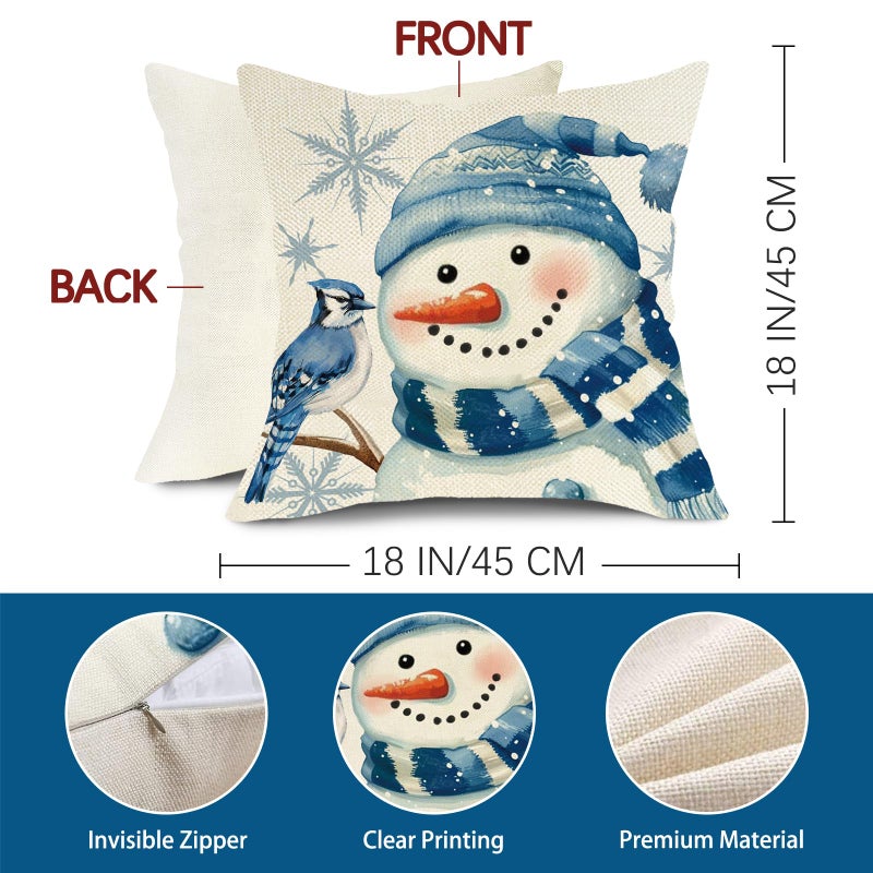 Fjfz Blue Christmas Decorative Throw Pillow Covers 18 x 18 Set of 4, Xmas Tree Snowman Joy Balls Blue Jay Outdoor Home Decor, Let It Snow Winter Holiday Buffalo Plaid Stripes Sofa Couch Cushion Case - Image 3