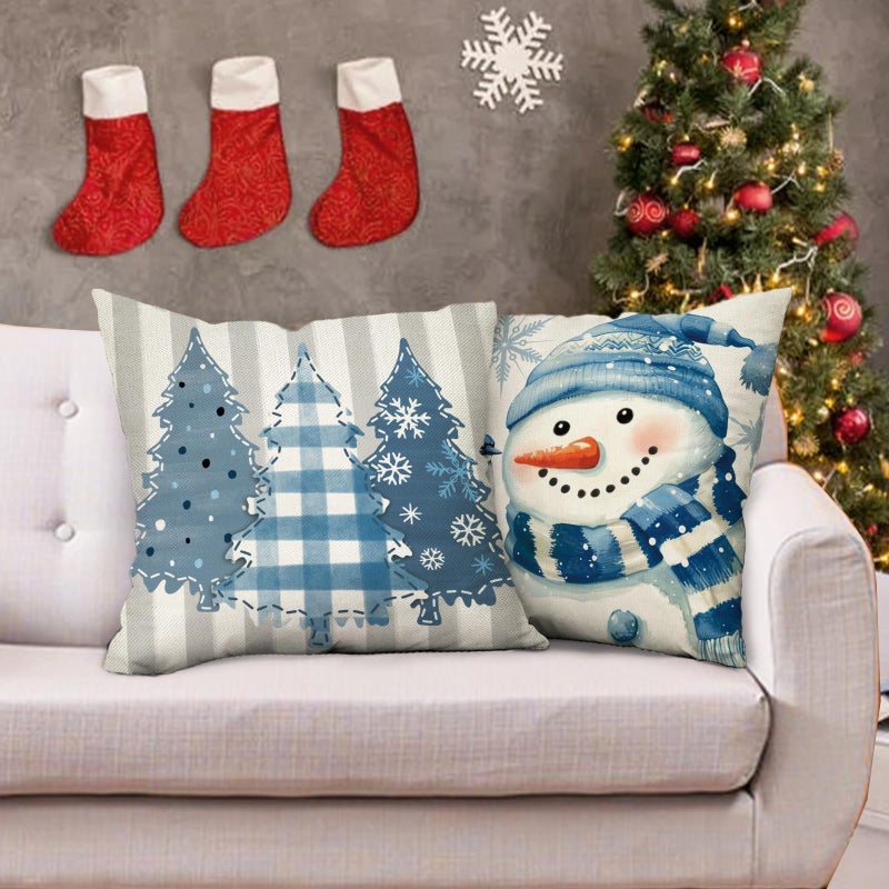 Fjfz Blue Christmas Decorative Throw Pillow Covers 18 x 18 Set of 4, Xmas Tree Snowman Joy Balls Blue Jay Outdoor Home Decor, Let It Snow Winter Holiday Buffalo Plaid Stripes Sofa Couch Cushion Case - Image 5