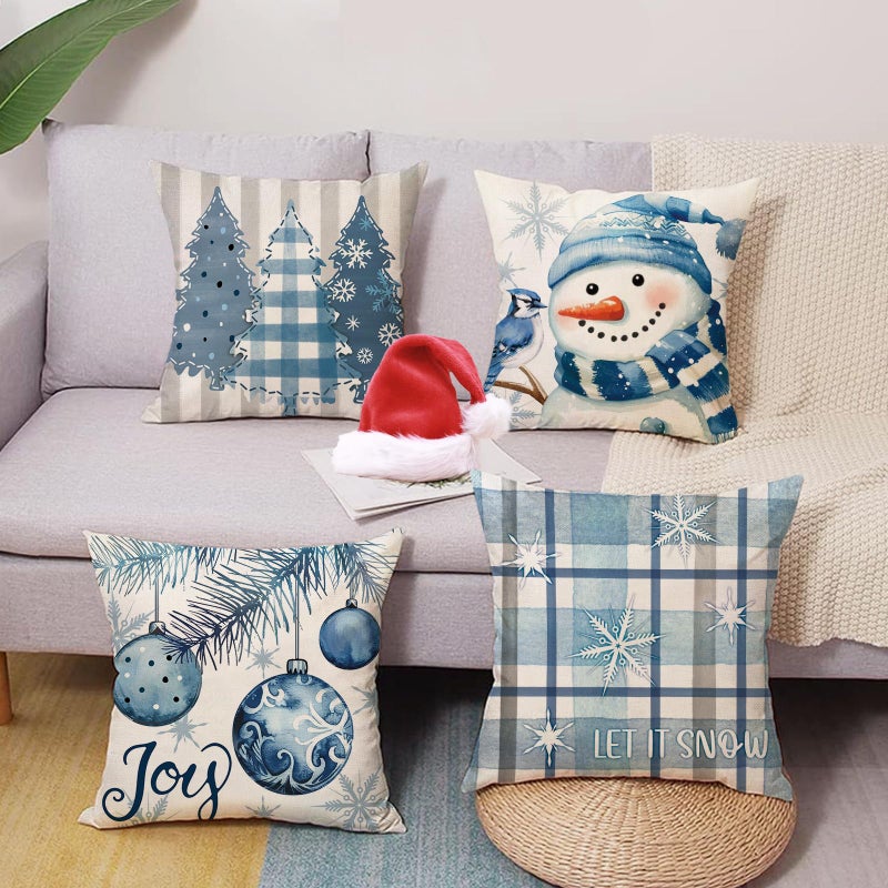 Fjfz Blue Christmas Decorative Throw Pillow Covers 18 x 18 Set of 4, Xmas Tree Snowman Joy Balls Blue Jay Outdoor Home Decor, Let It Snow Winter Holiday Buffalo Plaid Stripes Sofa Couch Cushion Case - Image 2