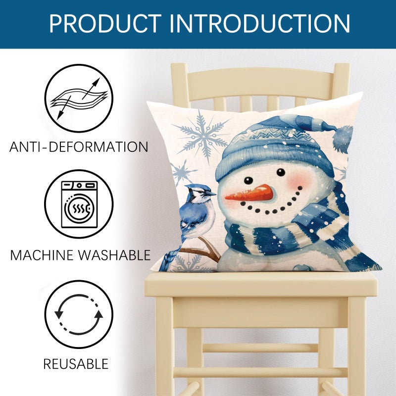 Fjfz Blue Christmas Decorative Throw Pillow Covers 18 x 18 Set of 4, Xmas Tree Snowman Joy Balls Blue Jay Outdoor Home Decor, Let It Snow Winter Holiday Buffalo Plaid Stripes Sofa Couch Cushion Case - Image 4