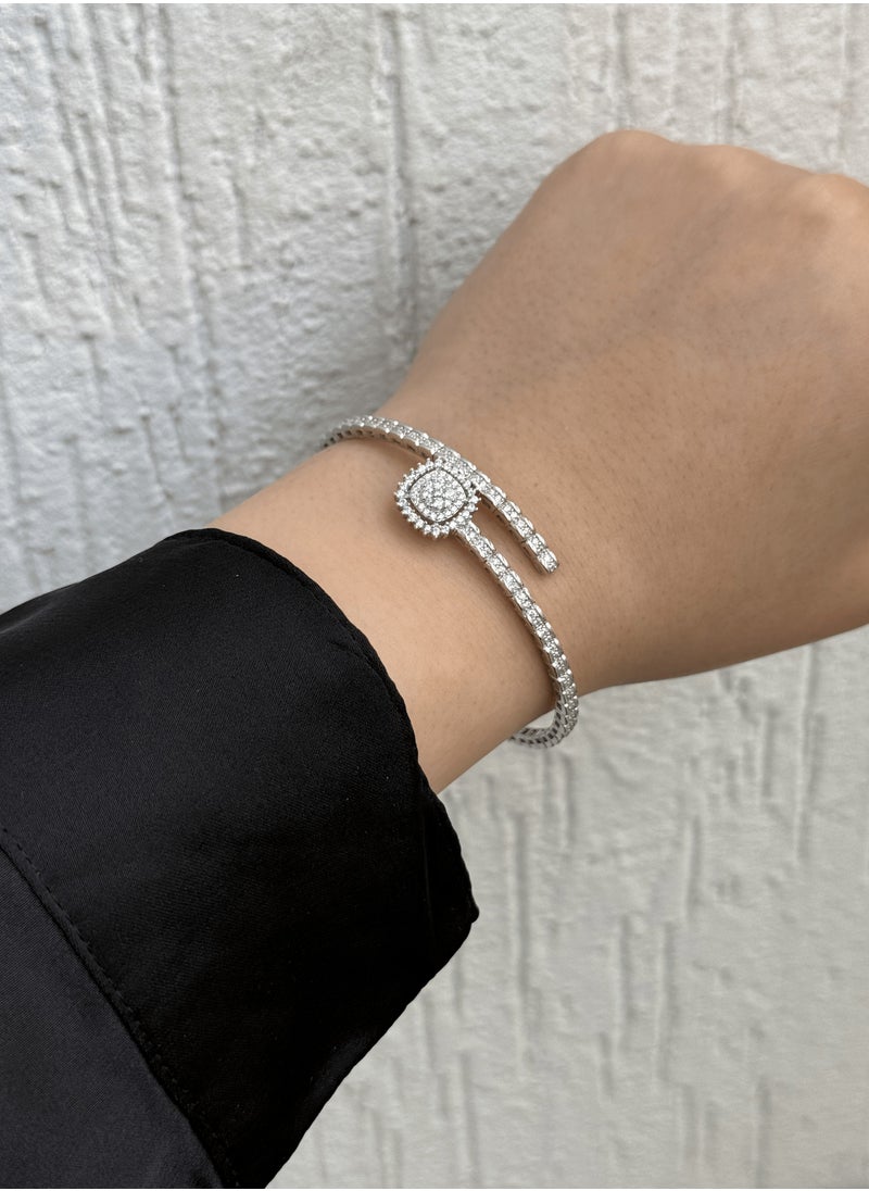 Al Kasr Jewelry - Halo Bangle - Adjustable Sterling Silver 925 with Zircon Stones - Plated Rhodium White Gold 18K - Image 1