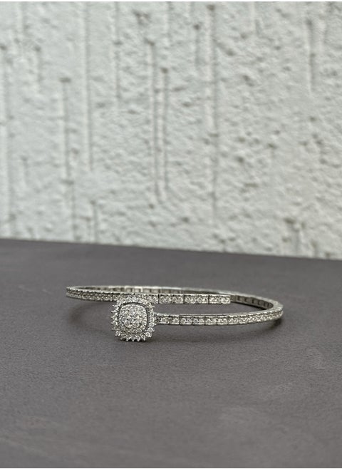 Halo Bangle - Adjustable Sterling Silver 925 with Zircon Stones - Plated Rhodium White Gold 18K