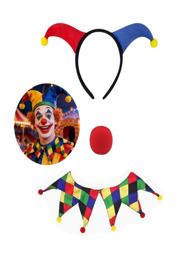 Bxt 3Pcs Clown Costume Set Jester Headband Red Nose Collar Unisex Cosplay Accessory For Fancy Dress (Rainbow Set) - Image 1