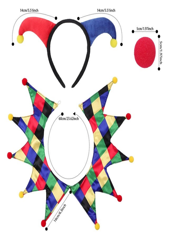 Bxt 3Pcs Clown Costume Set Jester Headband Red Nose Collar Unisex Cosplay Accessory For Fancy Dress (Rainbow Set) - Image 3