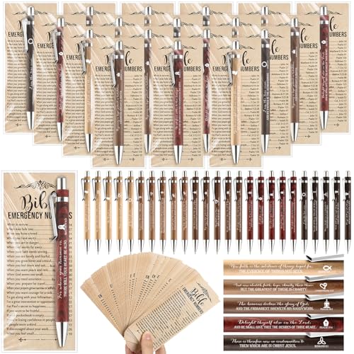 Feifeiya 25 Sets Christian Fathers Day Pens Bulk Bible Verse Religious Ballpoint Bamboo Pens with Bible Verse Emergency Numbers Bookmarks Church Gifts for Women Men Pastor Godfather Teacher English - Image 1