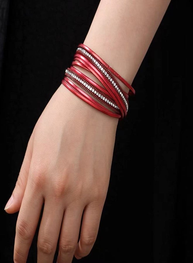 KunBead Women Red Leather Wrap Bracelets Braided Handmade Bohemian Multilayer Bracelet Wristband Cuff Birthday Jewelry - Image 4