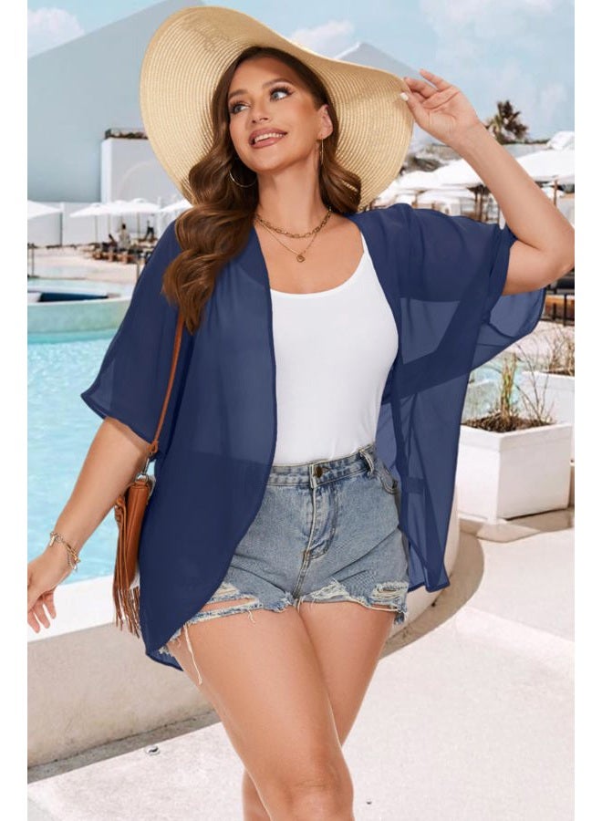 JOELLYUS Womens Kimono Beach Cover Up Chiffon Cardigan Floral Tops Loose Capes, 1-solid Navy Blue, XL - Image 4