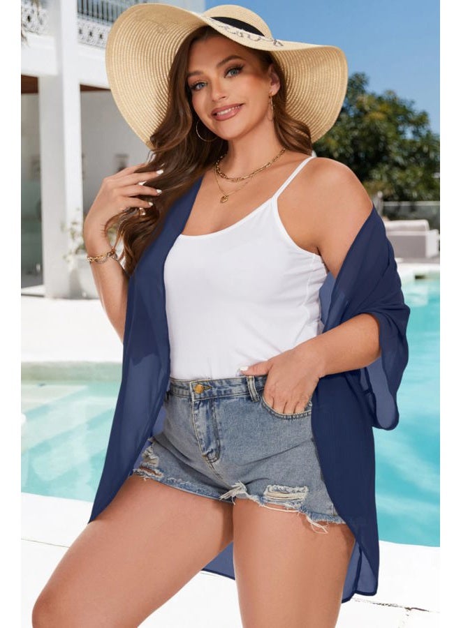 JOELLYUS Womens Kimono Beach Cover Up Chiffon Cardigan Floral Tops Loose Capes, 1-solid Navy Blue, XL - Image 2