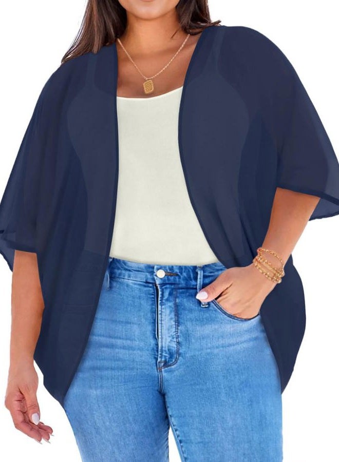 JOELLYUS Womens Kimono Beach Cover Up Chiffon Cardigan Floral Tops Loose Capes, 1-solid Navy Blue, XL - Image 1