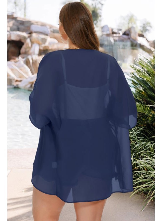 JOELLYUS Womens Kimono Beach Cover Up Chiffon Cardigan Floral Tops Loose Capes, 1-solid Navy Blue, XL - Image 5