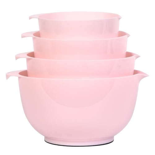 مجموعة وعاء خلط بلاستيكي متداخل من BoxedHome 4 قطع مع فوهات صب حجم 17 25 35 و 45qt للتحضير والخلط والخبز والطهي 2023 نسخة جديدة وردي
