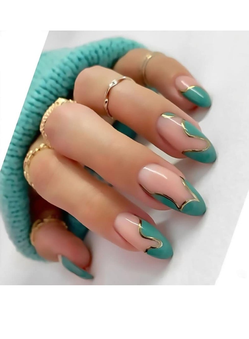 Glitter Green Full Coverage Fake Nails for Women and Girls - 24 Long Rhinestone Nail Pieces in One Box for Stunning Nail Art and Style. - Image 1