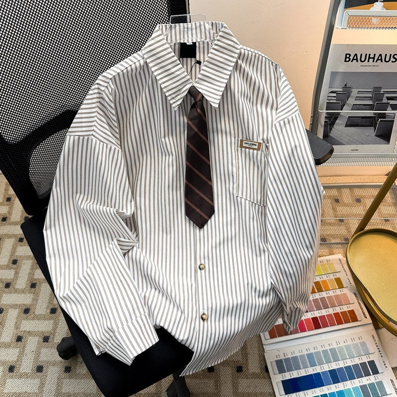 Retro Japanese striped shirt men's long-sleeved college style jk tie shirt spring and autumn loose fashion brand couple clothes - Image 2