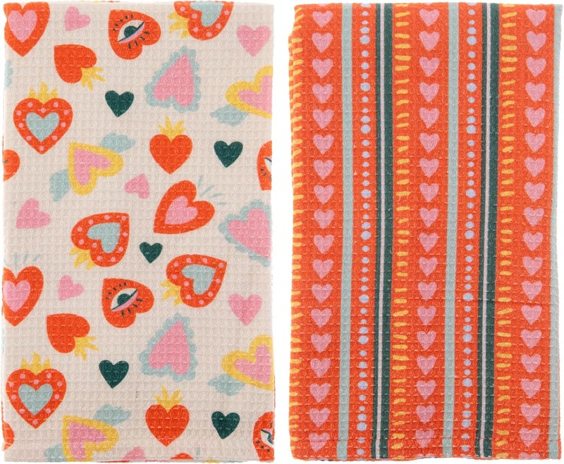 Karma , Waffle Weave Tea Towel Set of 2, 100% Cotton Waffle Weave Kitchen Dish Towels, 28x20 Inch Tea Towels for Kitchen Cleaning & Drying Dishes, Hearts - Image 1