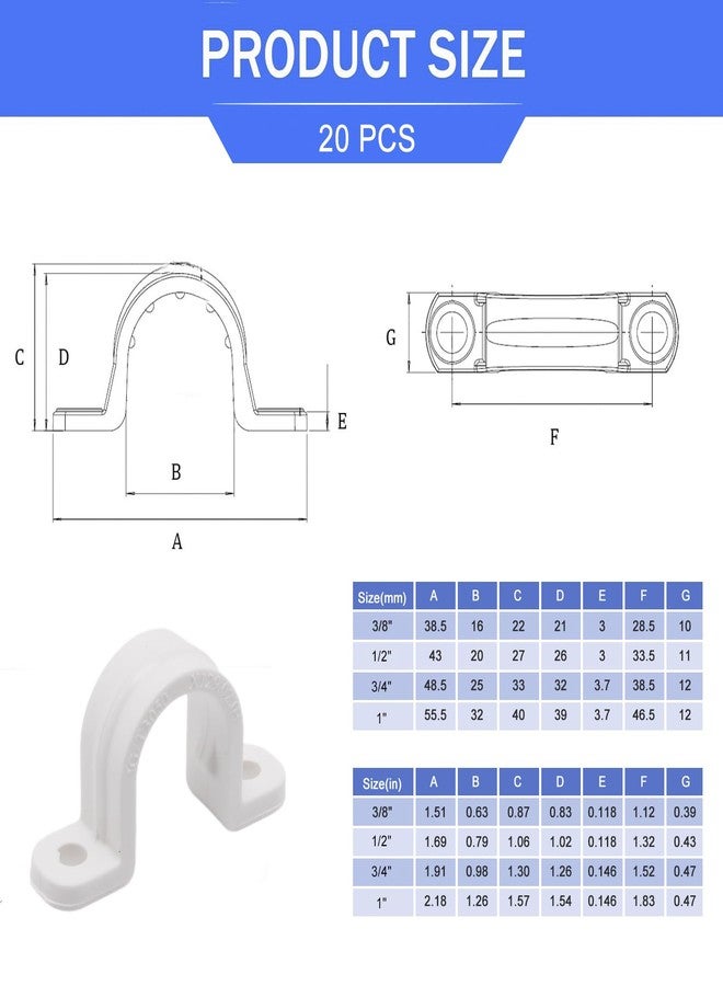 BENLIUDH 1/2 Inch PVC Pipe Strap, 2-Holes Conduit Pipe Clamps Plastic Pipe Supports (White, 20 Pcs) - Image 2