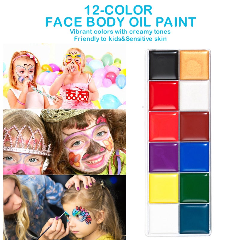 Face Paint Kit: Oil-Based Skin-Friendly Formula - Vivid Creamy Colors With Soft Fluffy Brushes for Halloween Cosplay Stage Performances Themed Parties - Image 2