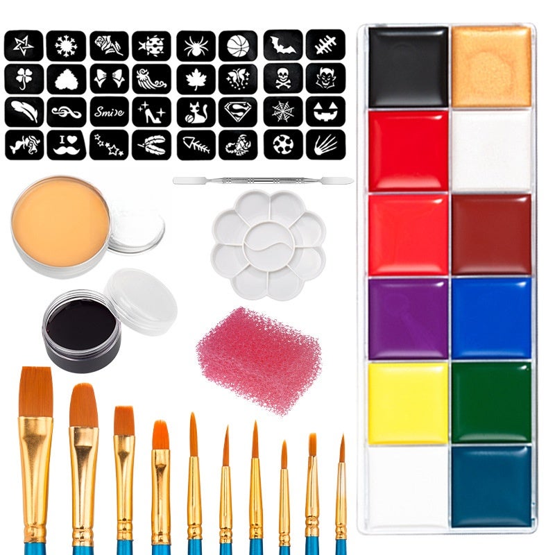 Face Paint Kit: Oil-Based Skin-Friendly Formula - Vivid Creamy Colors With Soft Fluffy Brushes for Halloween Cosplay Stage Performances Themed Parties - Image 1