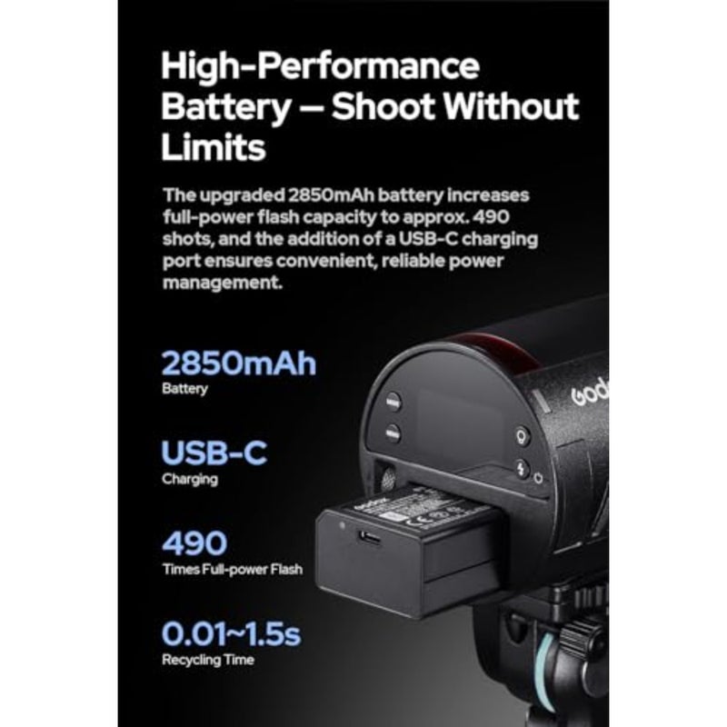 فلاش ستروب AD100 Pro II للتصوير الفوتوغرافي في الاستوديو، هيكل من سبائك الألومنيوم، لمسة نهائية سوداء، 490 نبضة كاملة الطاقة مع وقت إعادة التدوير 0.011.5 ثانية - Image 3