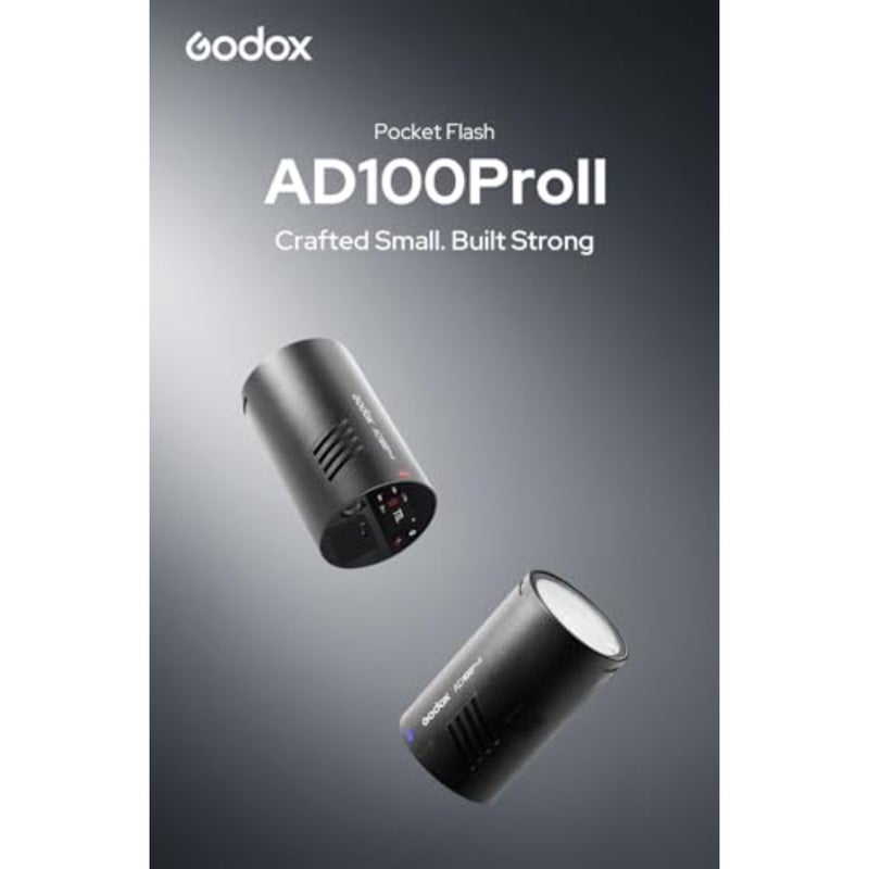 فلاش ستروب AD100 Pro II للتصوير الفوتوغرافي في الاستوديو، هيكل من سبائك الألومنيوم، لمسة نهائية سوداء، 490 نبضة كاملة الطاقة مع وقت إعادة التدوير 0.011.5 ثانية - Image 2