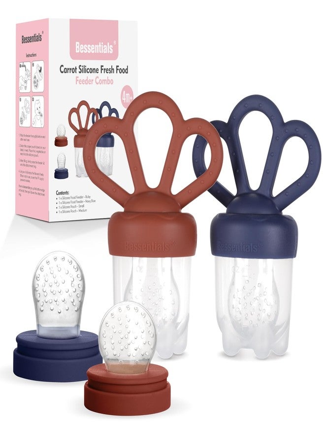 Bessentials Carrot Baby Fresh Fruit Food Feeder & 2 Pack Silicone Mesh Feeders | Safe Infant Self-Feeding|Includes 3 Sizes of Food Pouches |Suitable for Baby 4M+|BPA-Free (Navy Blue & Ruby) - Image 1