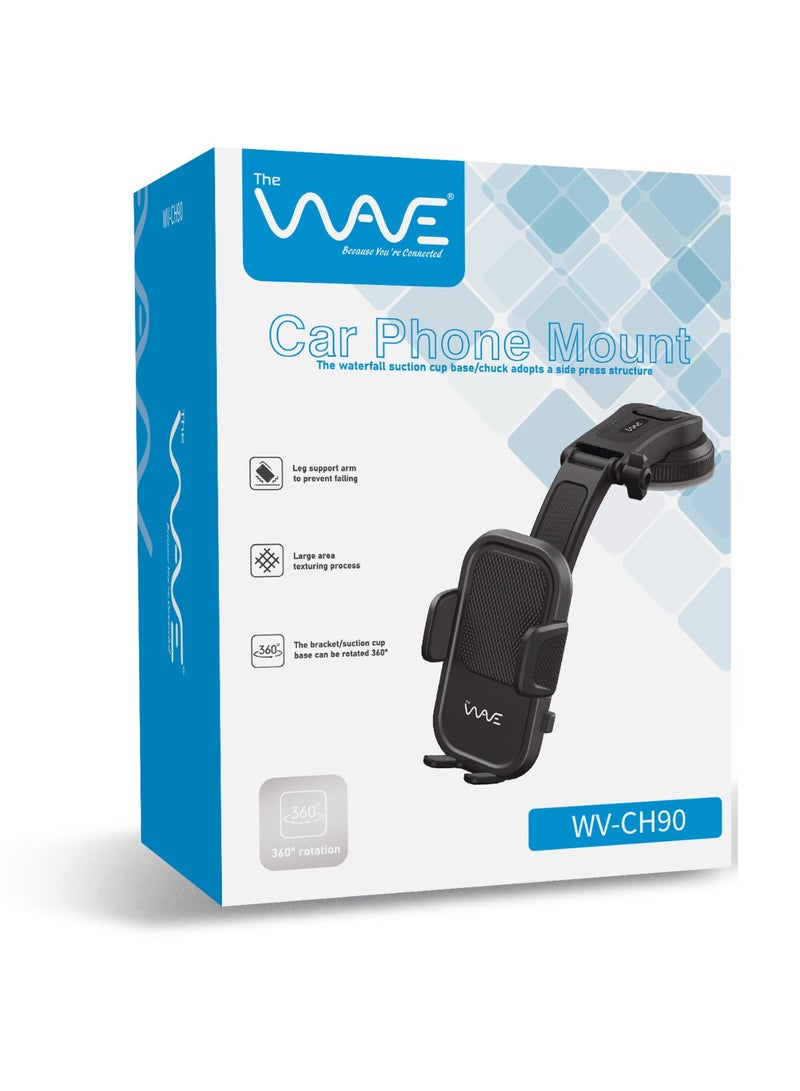 Wave Car Mobile Phone Holder, 360° Rotation, Suction Cup Dashboard/Windshield Mount, Stable Leg Support Arm, Large-Texture Grip, Premium ABS, 1-Year Warranty - Image 2
