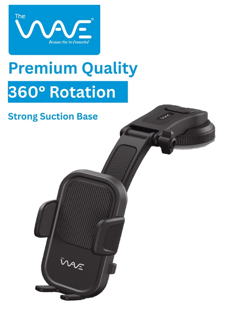 Wave Car Mobile Phone Holder, 360° Rotation, Suction Cup Dashboard/Windshield Mount, Stable Leg Support Arm, Large-Texture Grip, Premium ABS, 1-Year Warranty - Image 1