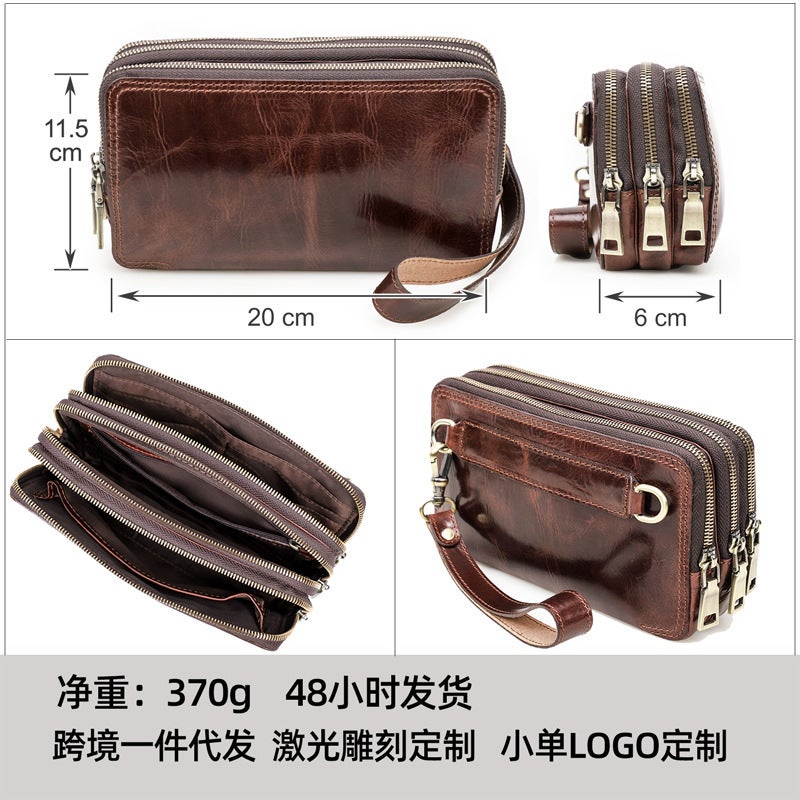Black Angel Hand Grasp Tree Lamb Oilskin With Wrist Strap Clutch Three Zipper Bag Multi-Use Leather Cell Phone Crossbody Bag - Image 5
