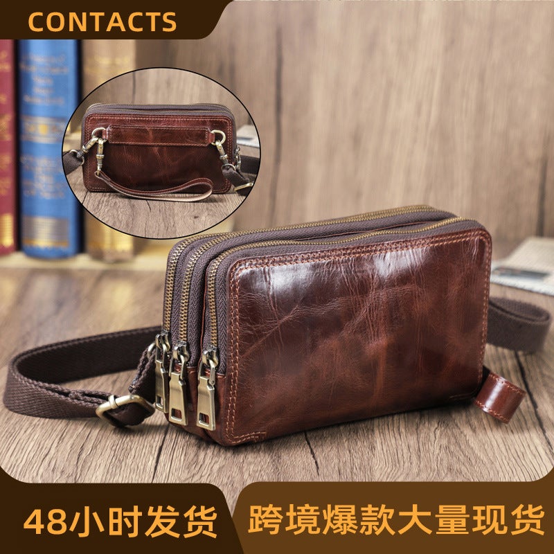 Black Angel Hand Grasp Tree Lamb Oilskin With Wrist Strap Clutch Three Zipper Bag Multi-Use Leather Cell Phone Crossbody Bag - Image 2