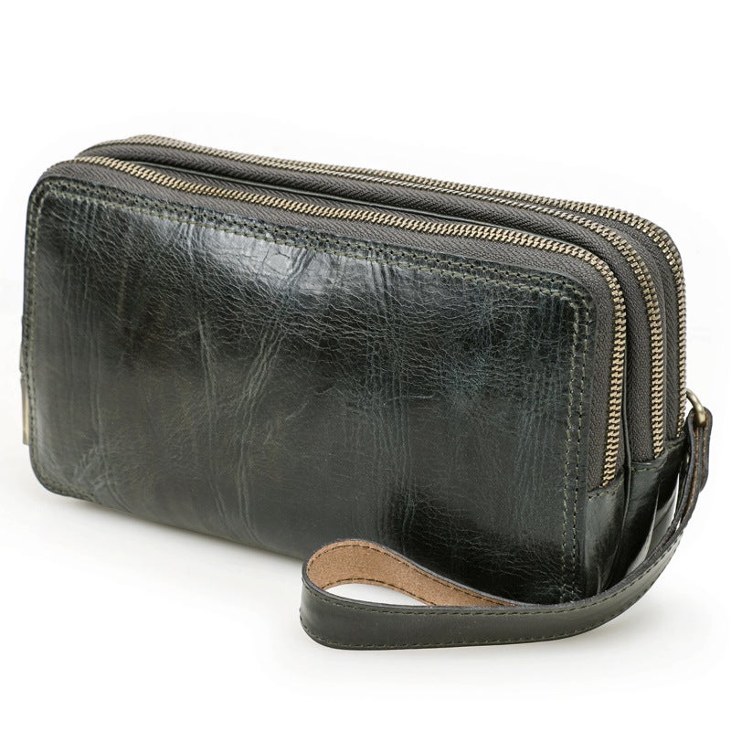 Black Angel Hand Grasp Tree Lamb Oilskin With Wrist Strap Clutch Three Zipper Bag Multi-Use Leather Cell Phone Crossbody Bag - Image 1
