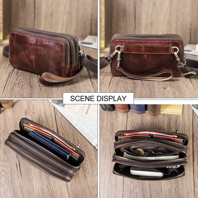 Black Angel Hand Grasp Tree Lamb Oilskin With Wrist Strap Clutch Three Zipper Bag Multi-Use Leather Cell Phone Crossbody Bag - Image 3