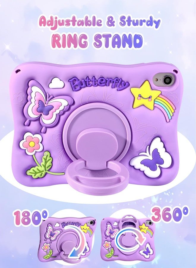 Kidcube for iPad Mini 7 Case A17 Pro 2024, for iPad Mini 6th Generation Case 8.3 Inch - Girls Cute Kawaii Girly 3D Purple Butterfly Design Cover with Rotating Stand & Strap Unique Silicone Women Case - Image 4