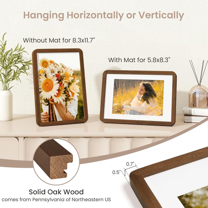 FLYJOE A4 Solid Oak Wood Photo Frame | A4 Picture Frame With Mat For A5 | Plexiglass And Hanging Hardware Included | Walnut, 1 Pack - Image 3