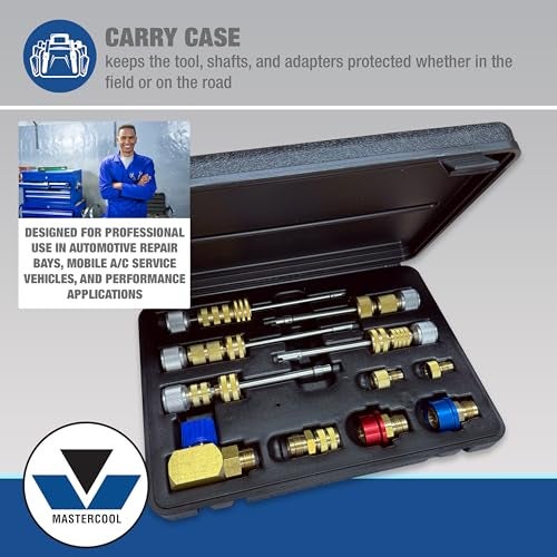 MASTERCOOL مجموعة أدوات إزالة وتركيب صمامات Mastercool 58490 R134a – تعمل تحت الضغط – تغطي صمامات قياسية، JRA، وصمامات Eaton – تشمل الأعمدة، المحولات، ملحقات R134a وحقيبة - Image 4