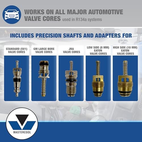 MASTERCOOL مجموعة أدوات إزالة وتركيب صمامات Mastercool 58490 R134a – تعمل تحت الضغط – تغطي صمامات قياسية، JRA، وصمامات Eaton – تشمل الأعمدة، المحولات، ملحقات R134a وحقيبة - Image 3