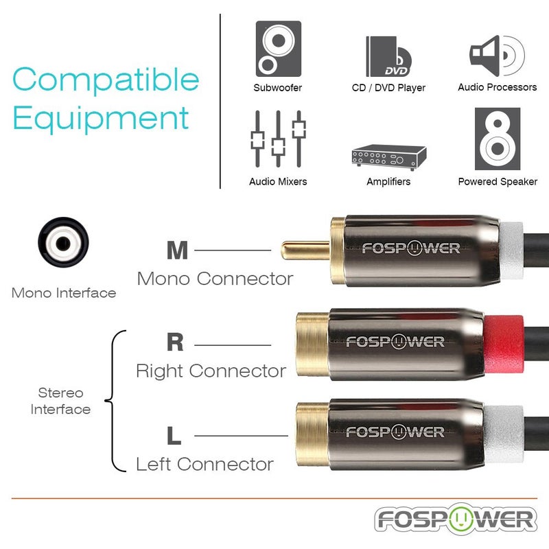 FosPower Y Adapter [8 inch] 1 RCA (Male) to 2 RCA (Female) Stereo Audio Y Adapter Subwoofer Cable [24k Gold Plated] 1 Male to 2 Female Y Splitter Connectors Extension Cord - Image 2