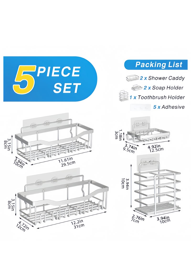 Silver 5-piece shower rack - adhesive bathroom shower rack with hooks, no drilling required, large capacity, rust resistant stainless steel rack for internal showers, kitchen rack, multi-purpose storage rack - Image 1
