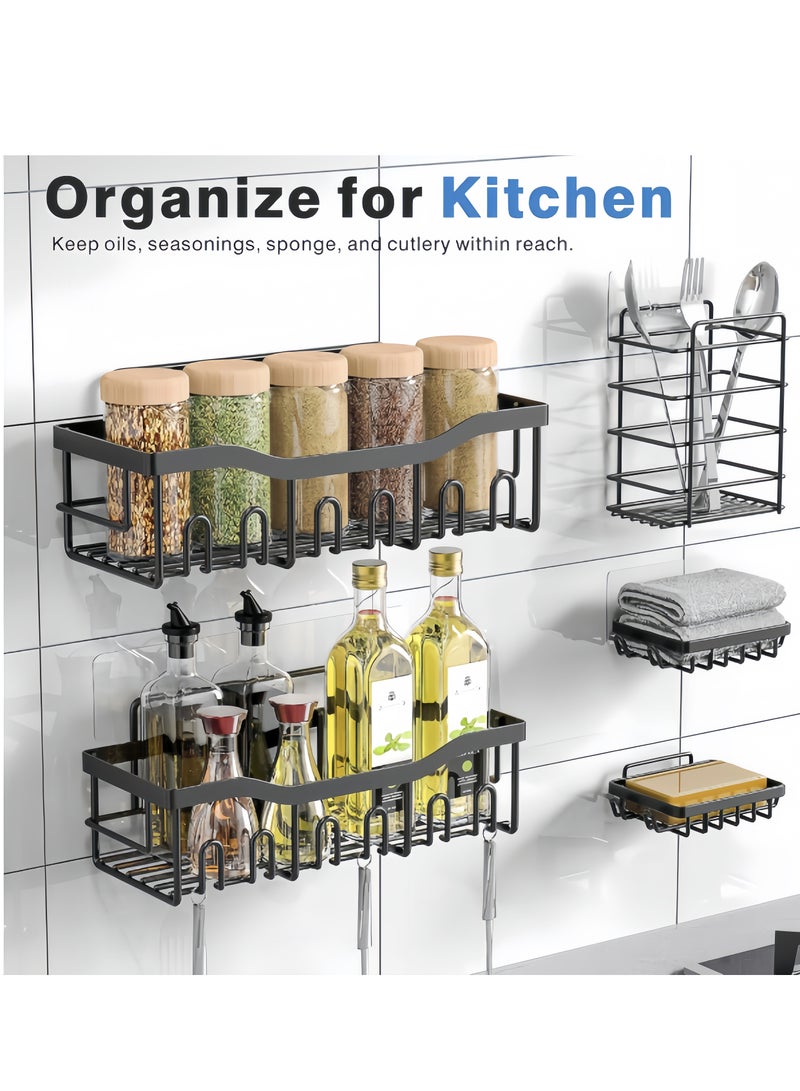 Silver 5-piece shower rack - adhesive bathroom shower rack with hooks, no drilling required, large capacity, rust resistant stainless steel rack for internal showers, kitchen rack, multi-purpose storage rack - Image 2