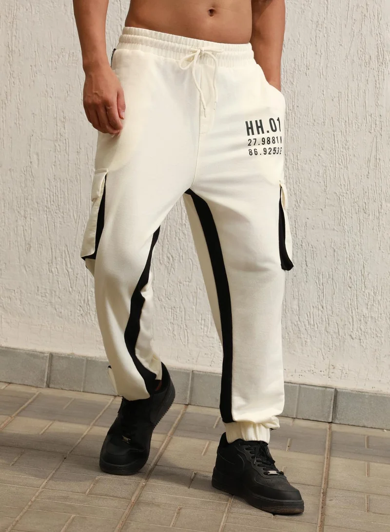 Hubberholme Men's White Cotton Blend Printed Full Length Cargo Regular Fit Trouser