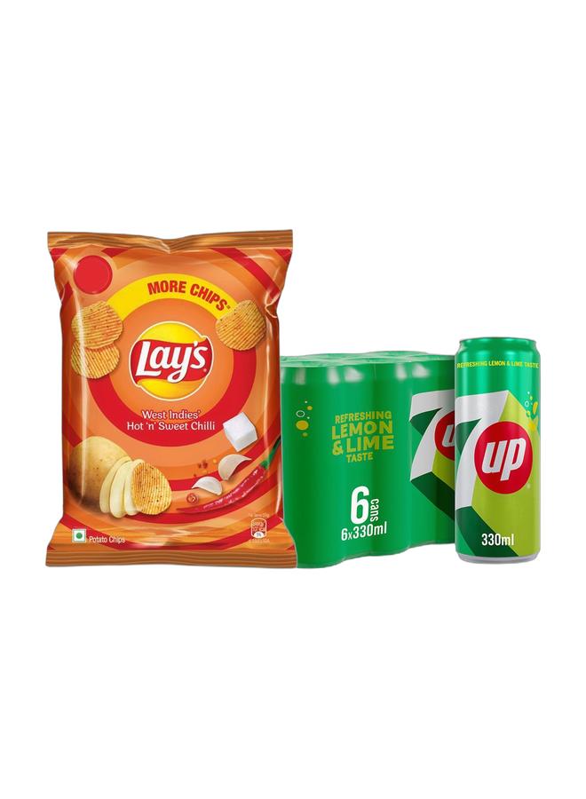 7up Lay's West Indies Hot & Sweet Chilli Chips (52.9g) 59.9g + 7up Carbonated Soft Drink Cans 330ml Pack of 6