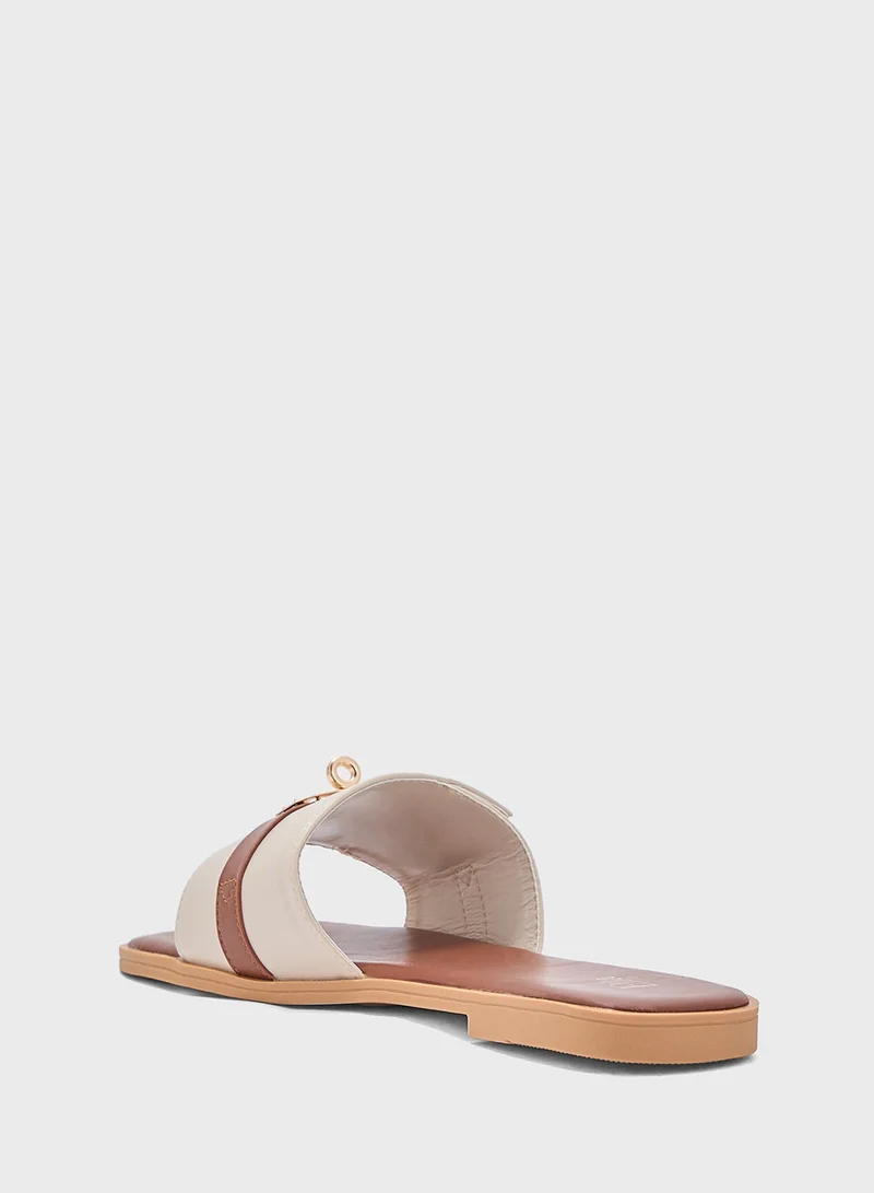 Ella Cream/Brown Classic Flat Sandals for Women | Best Price UAE
