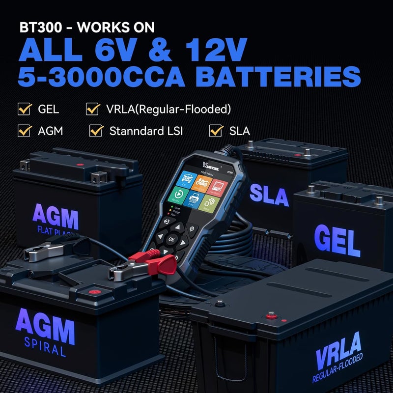 جهاز فحص بودي السيارة  أداة اختبار بطارية السيارة BT300 12 فولت، أداة اختبار الحمل 5-3000 CCA، أداة اختبار المولد والمشغل، أداة اختبار نظام ��لشحن والتشغيل للسيارات للدراجات النارية والسيارات والشاحنات وسيارات الدفع الرباعي ومركبات ATV والقوارب - Image 3