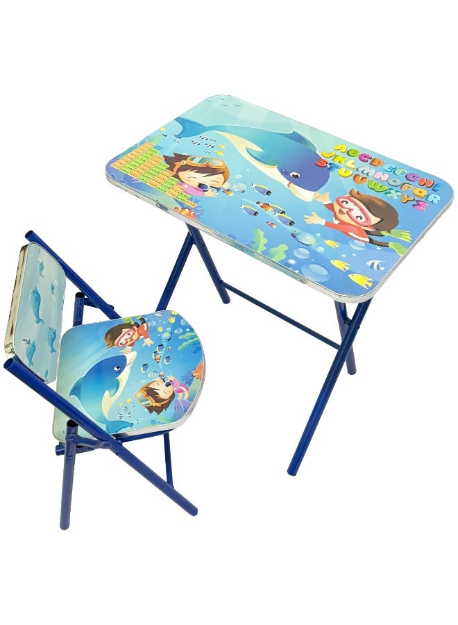 فنز  طقم طاولة دراسة وكرسي قابل للطي للأطفال، مكتب تعليمي بإطار خشبي ومعدني للأولاد والبنات، مكتب دراسة مطبوع للأطفال من سن 3 إلى 10 سنوات - Image 1