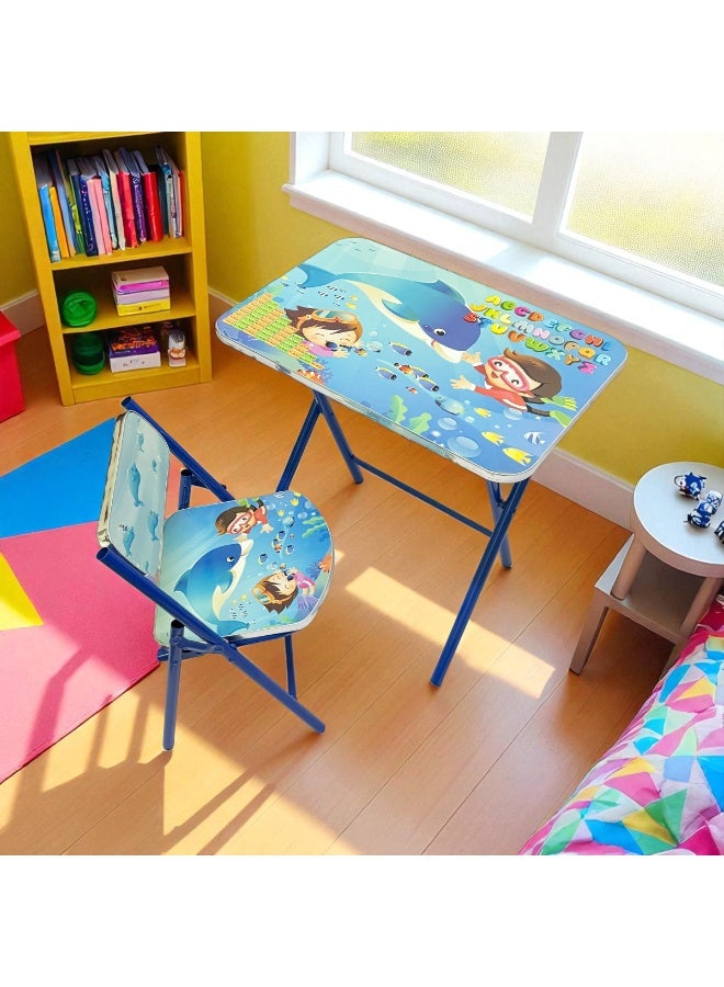 فنز  طقم طاولة دراسة وكرسي قابل للطي للأطفال، مكتب تعليمي بإطار خشبي ومعدني للأولاد والبنات، مكتب دراسة مطبوع للأطفال من سن 3 إلى 10 سنوات - Image 2