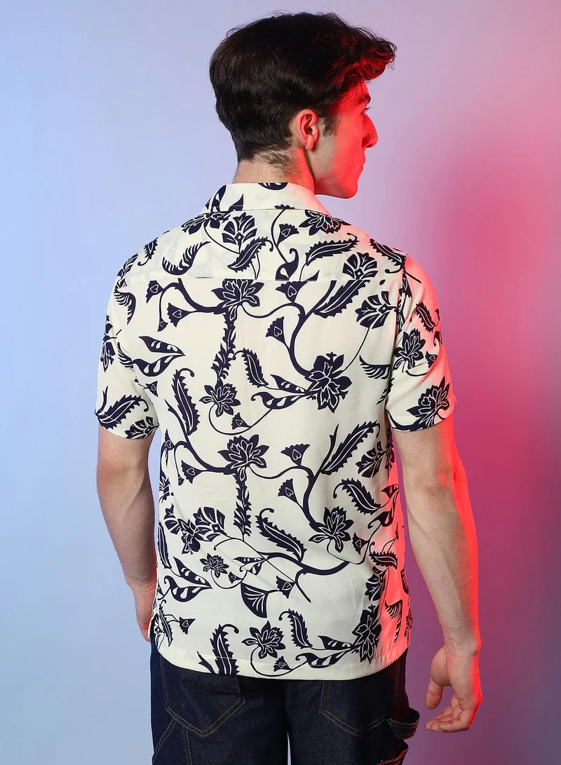 Campus Sutra Men's Midnight Black & Ivory White Contrast Flower Shirt